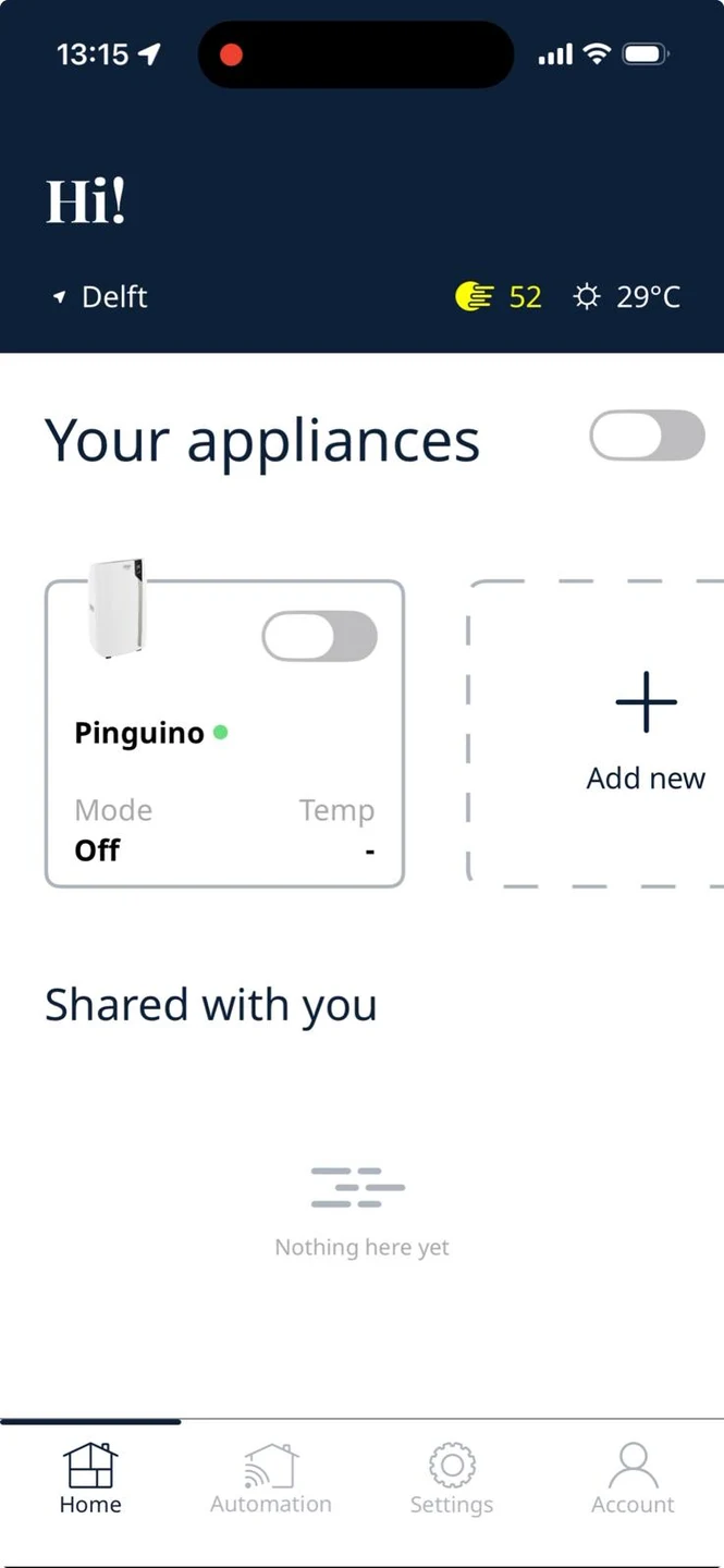 De'Longhi Comfort app home: Your appliances, Pinguino, Add new