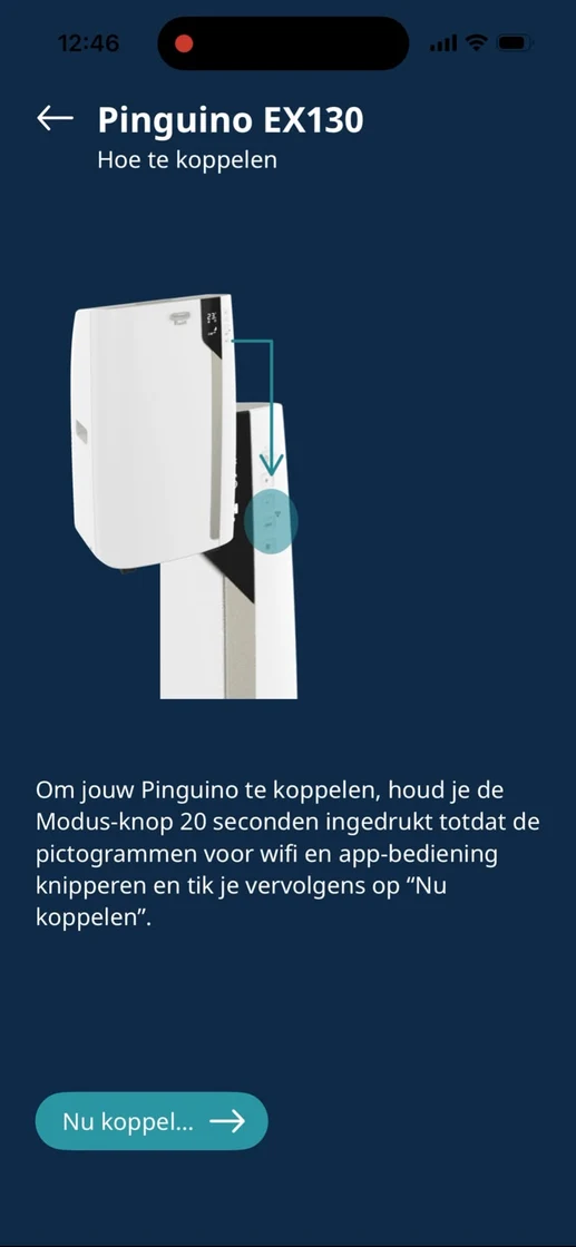 Pairing screen: hold the Mode button for 20 seconds