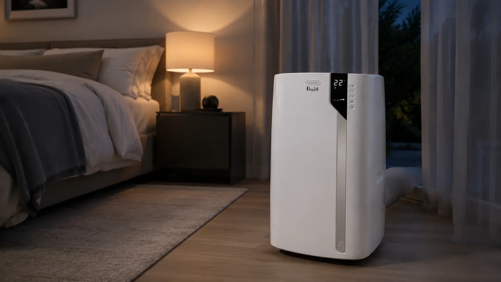 The Pinguino Care4Me standing in a bedroom at night, display set to 22 degrees
