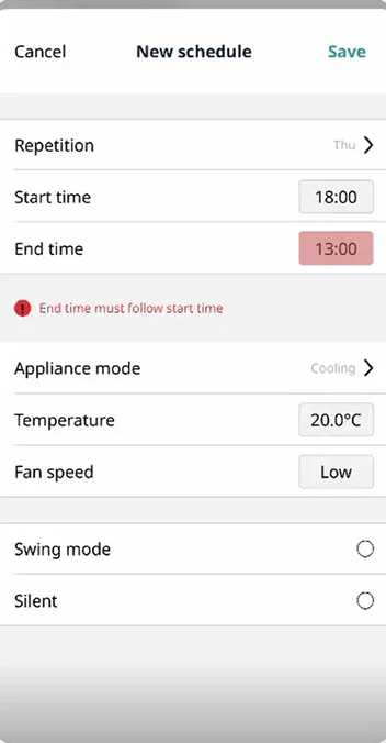 New schedule form with End time must follow start time error
