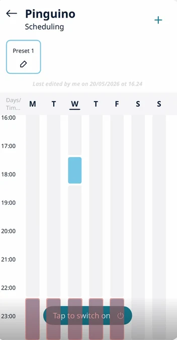 Tap to switch on button covering the 23:00 schedule blocks