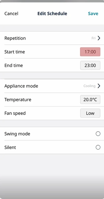 Edit schedule form where the new start time does not apply