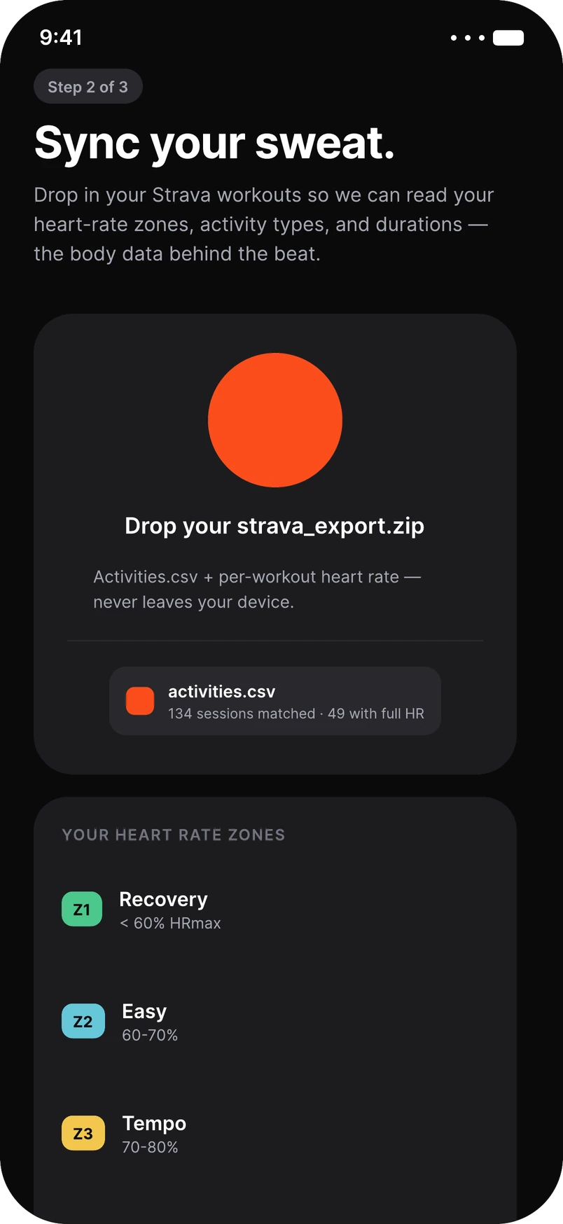 Sync your sweat: upload the Strava export and see heart-rate zones
