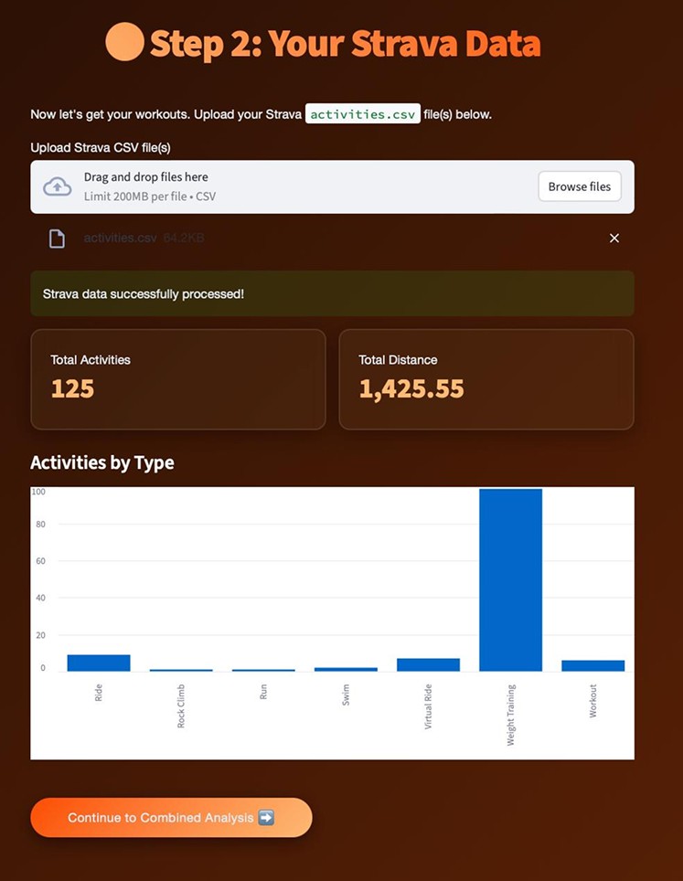 Step 2 of the donation platform: Strava upload with total activities, distance and activities by type
