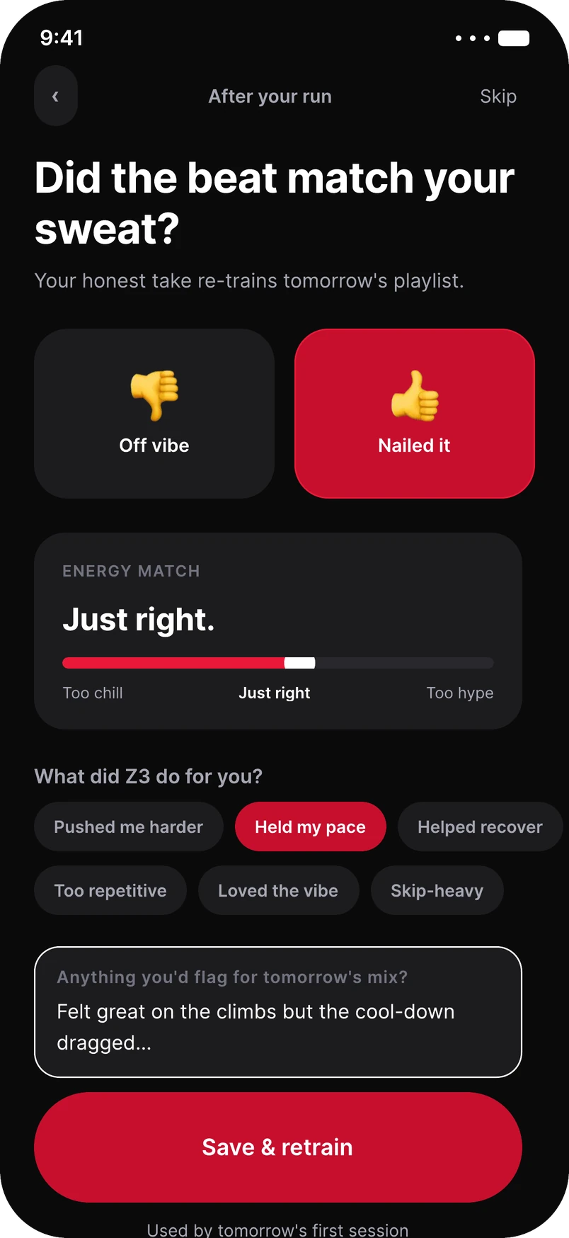 Feedback: did the beat match your sweat? Thumbs, energy match slider and tags