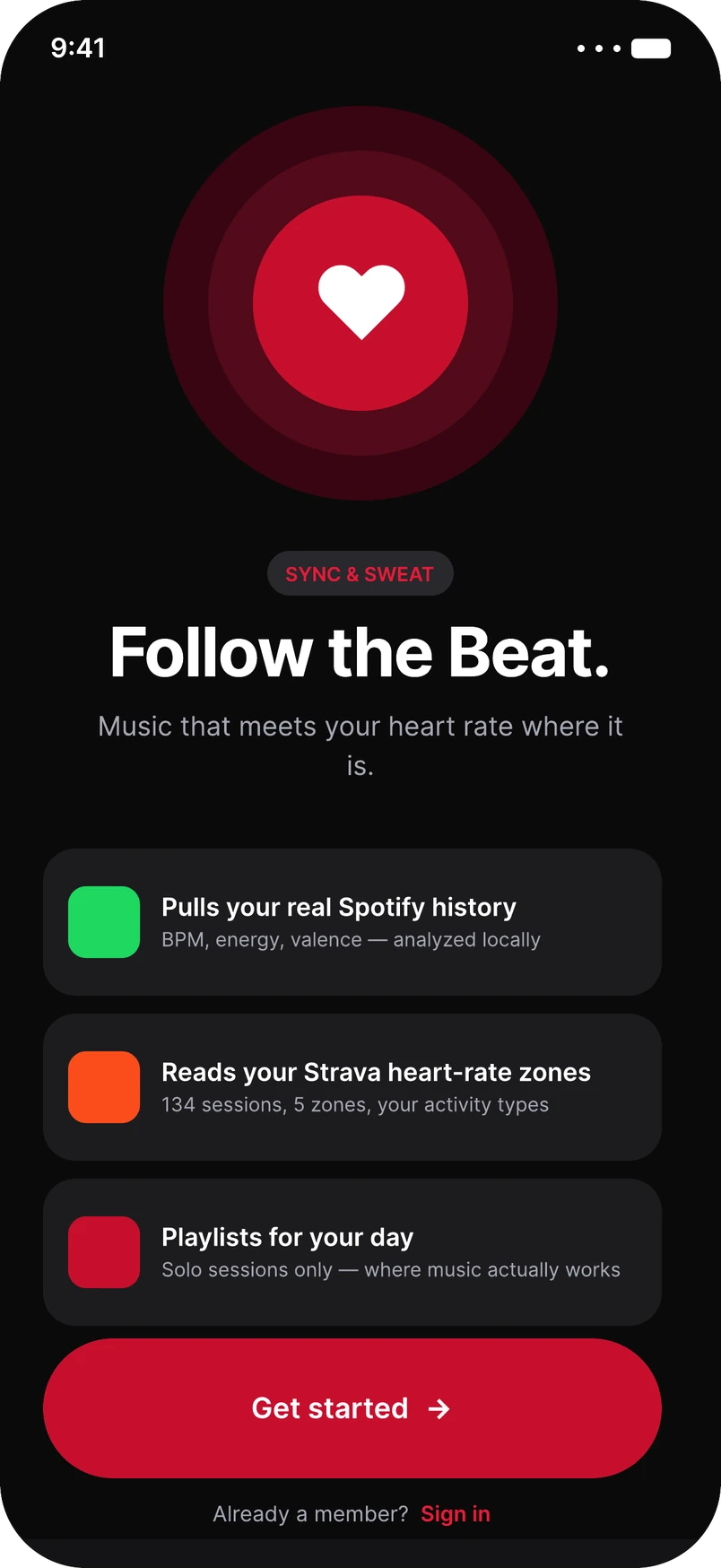 Welcome screen: Follow the Beat, music that meets your heart rate where it is