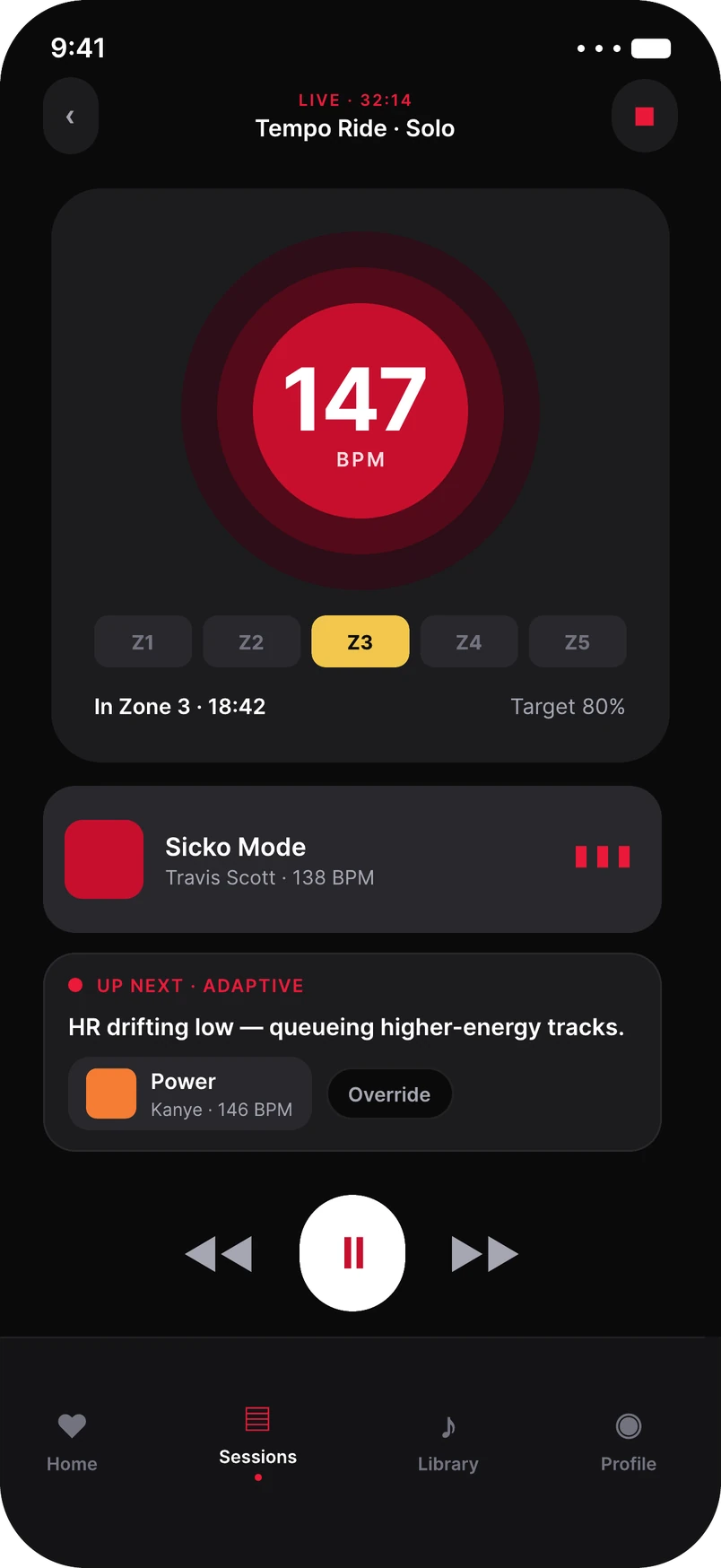Follow the Beat live session screen: 147 BPM in zone 3