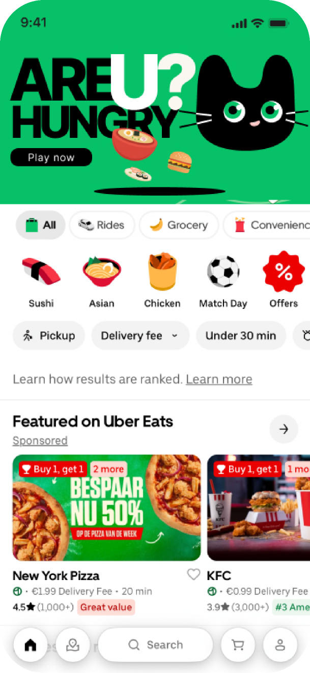 Uber Eats home with the Food Miner entry at the top