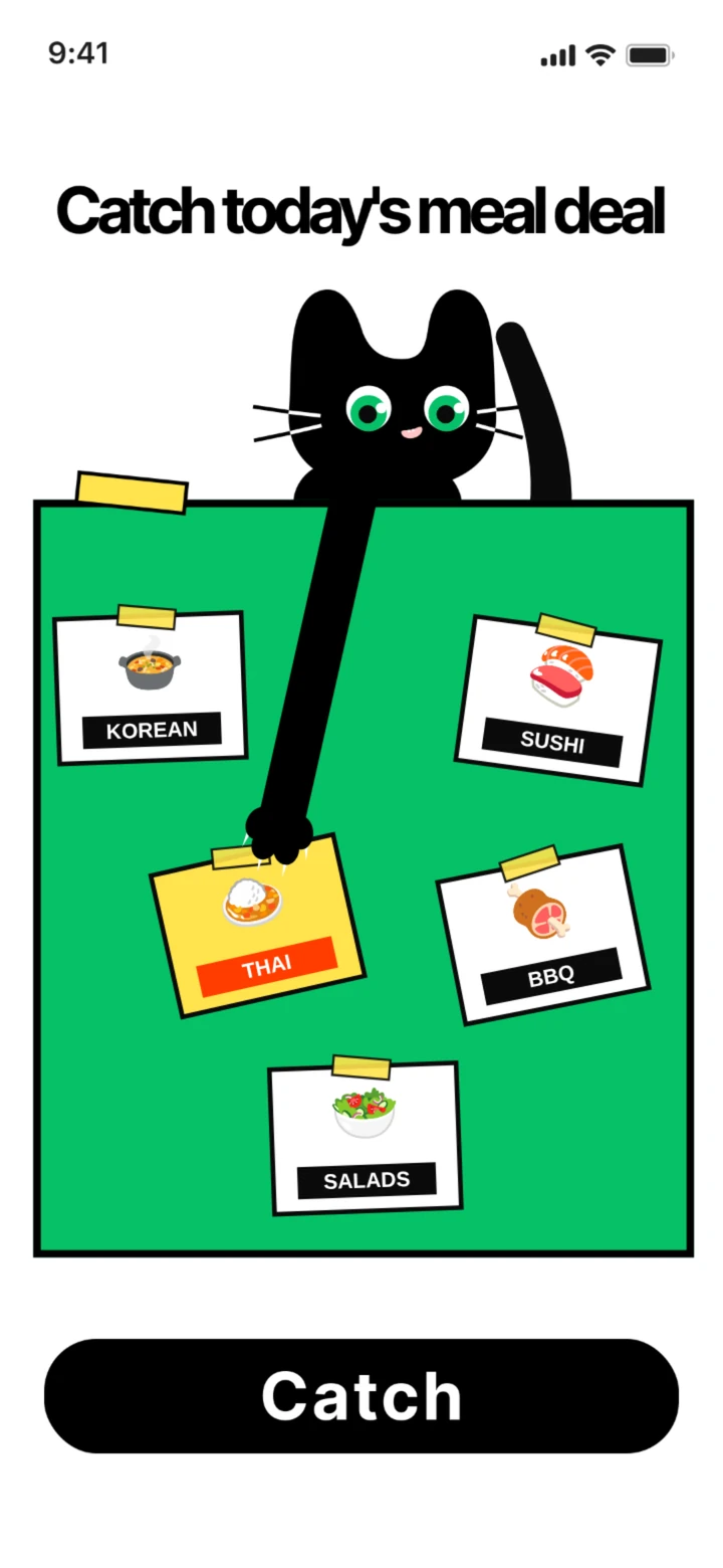 Food Miner catch screen: the cat's arm reaches for a cuisine card