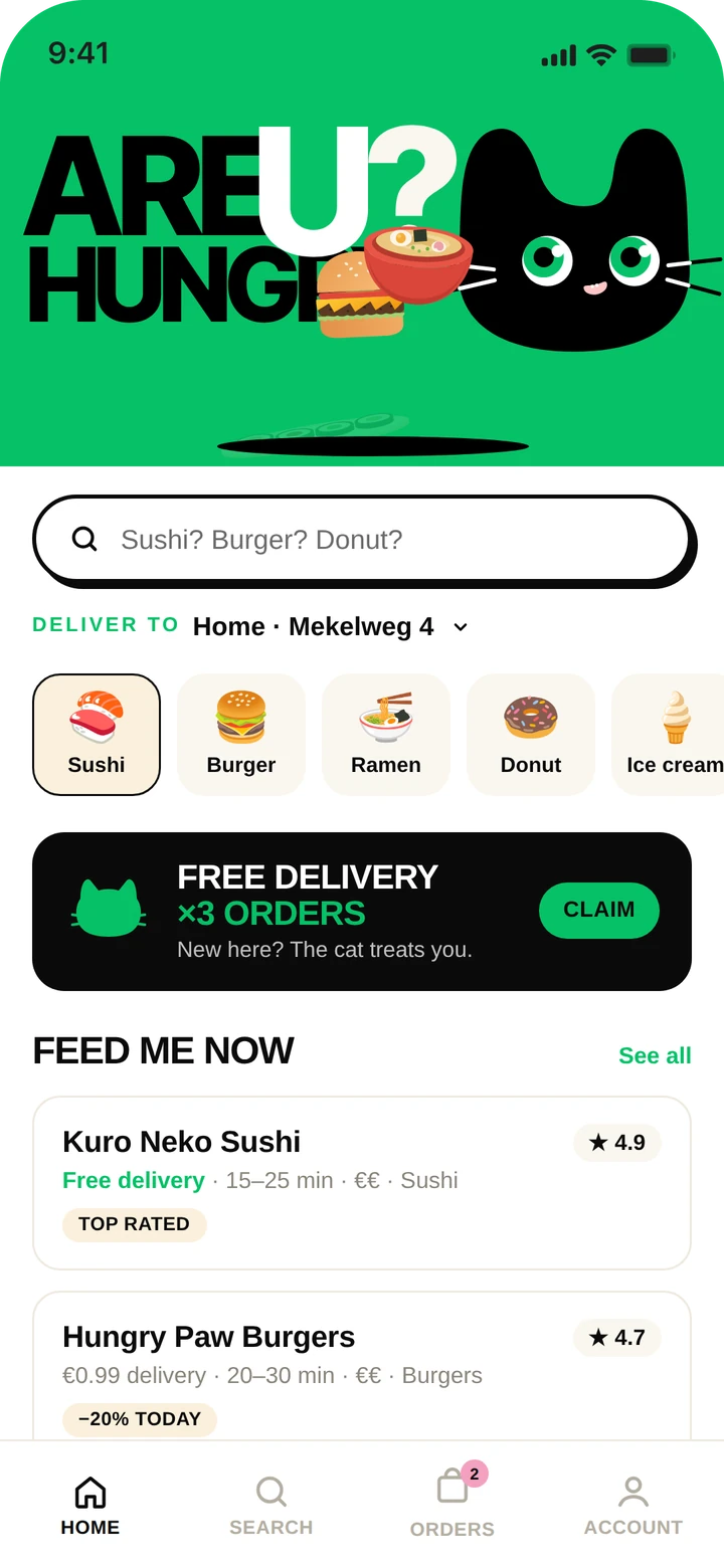 Home screen with the Are U hungry? banner above search and categories