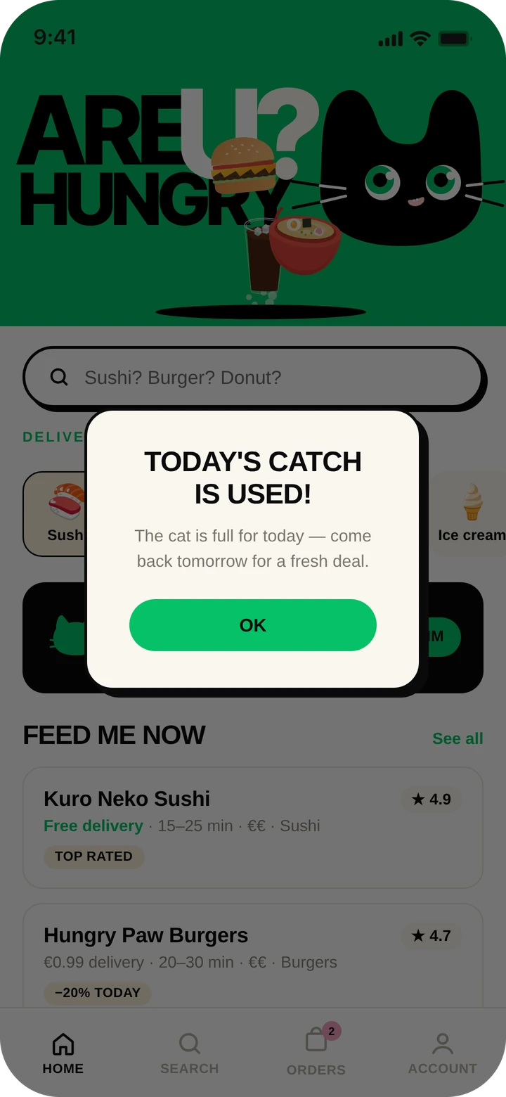 Message on the home screen: today's catch is used, come back tomorrow