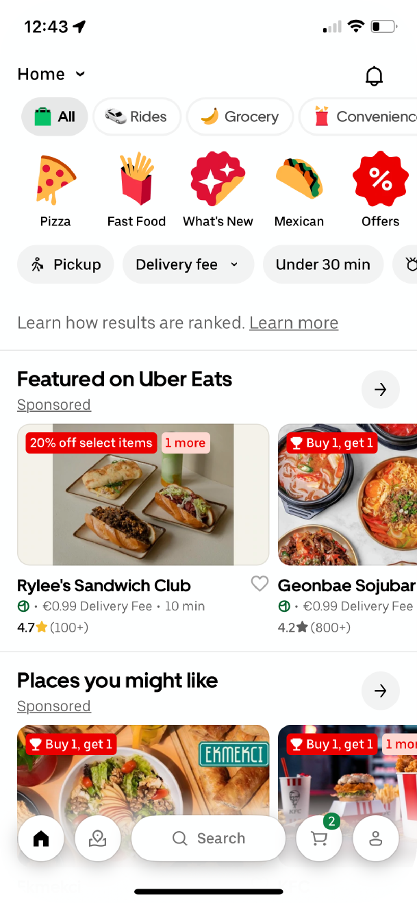 Current Uber Eats home: categories, filters, featured and sponsored restaurants