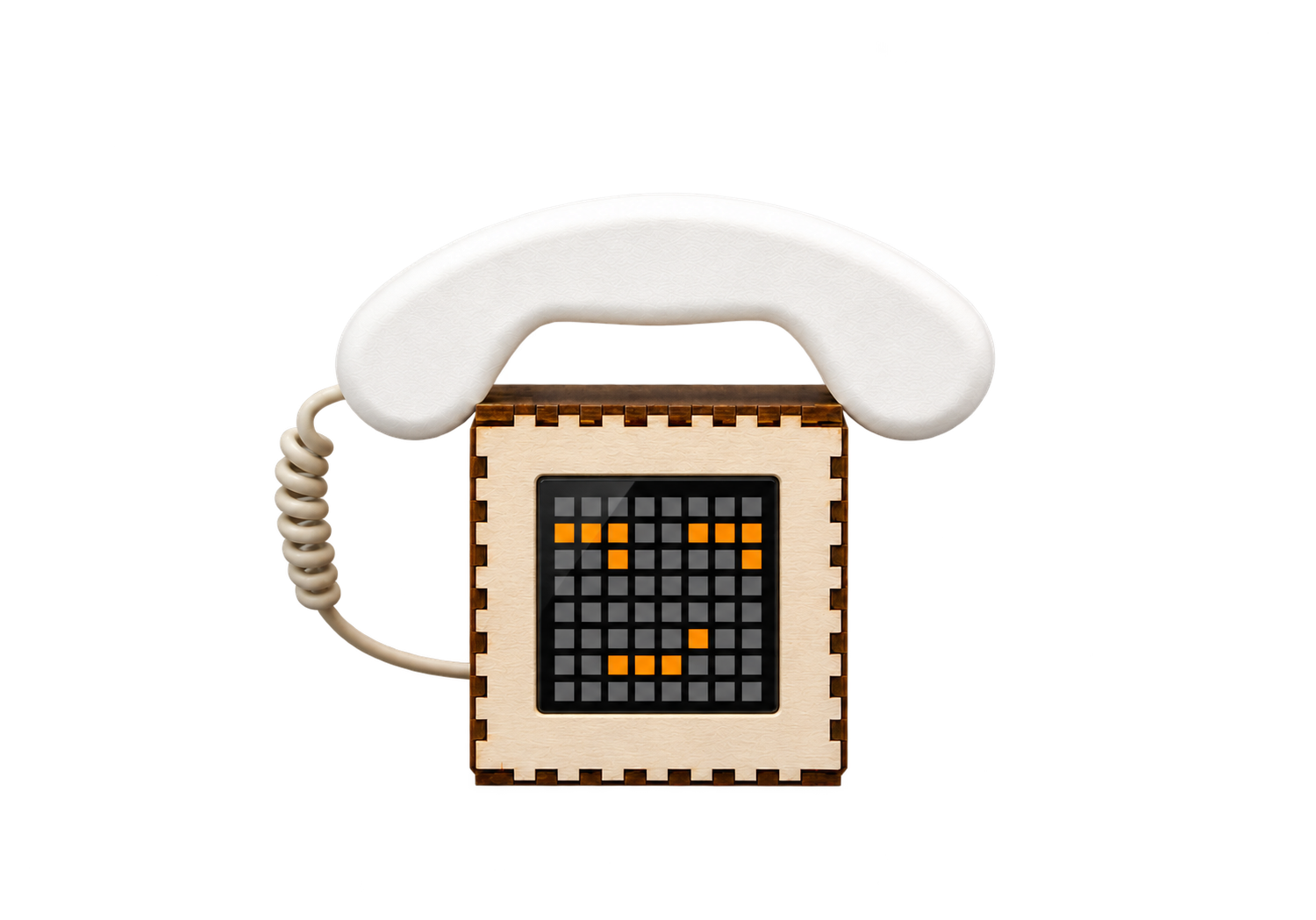 Garden listening device with a white handset, wooden housing, and an illuminated orange pixel expression